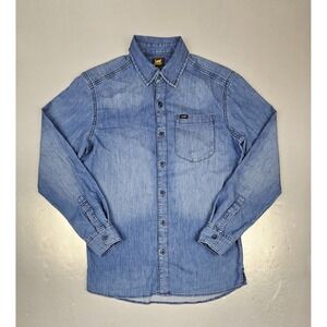 LEE Jean Button Down Shirt Mens Small Blue Denim Western Work Long Sleeve‎